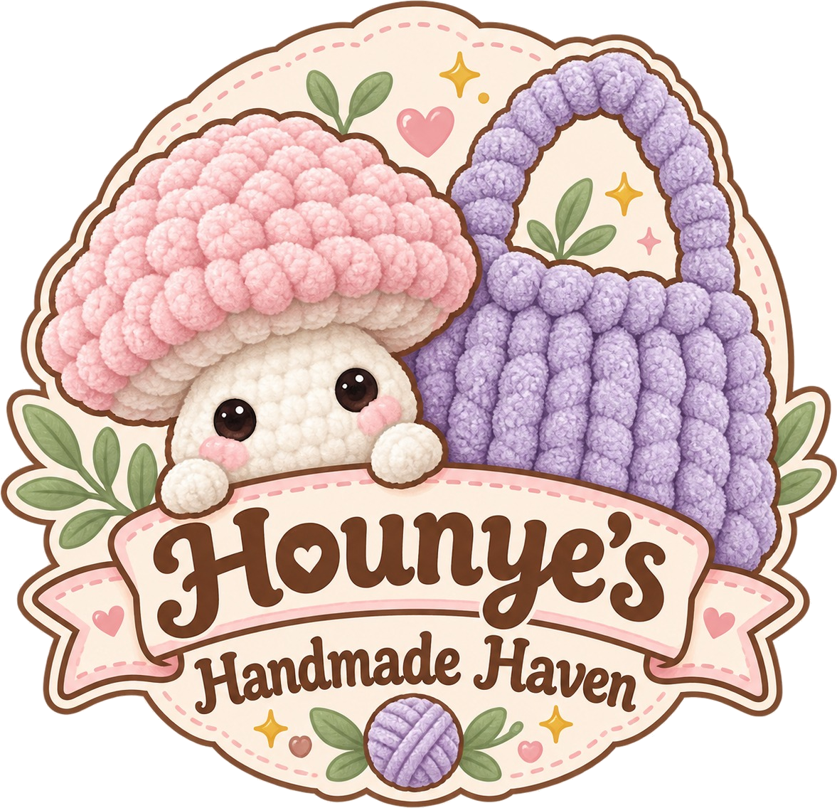 Hounye's Handmade Haven — a pink crocheted mushroom and a lavender finger-knitted purse